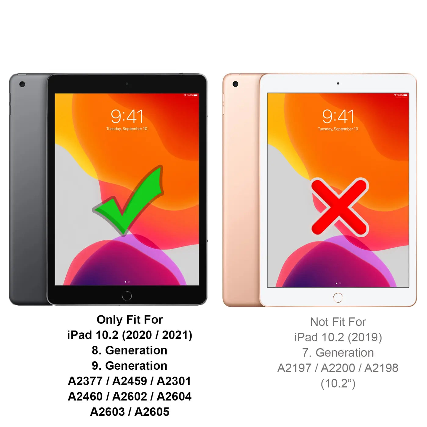 Zwei iPads, grau und rosé, mit grüner Haken- und roter Kreuz-Grafik.