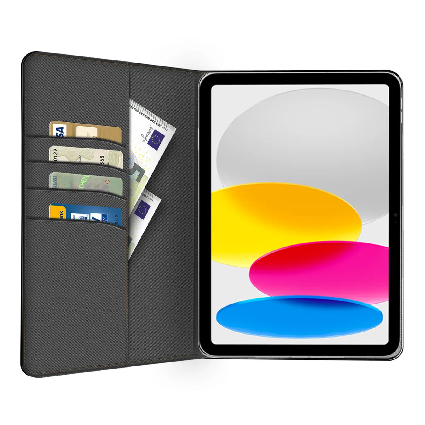 Graue Textil-Klapphülle mit Kartenfächern und Geldscheinfach, zeigt iPad (10. Gen.) von vorne.