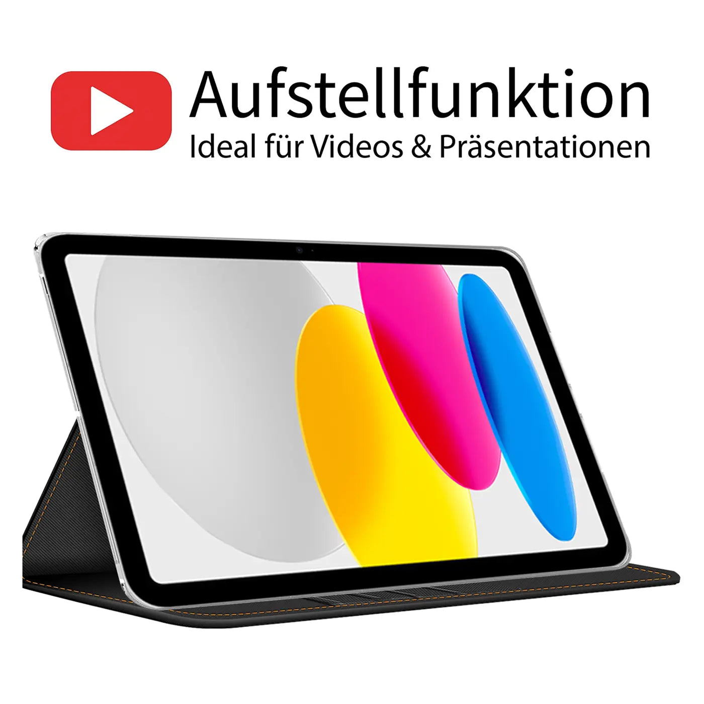 Schwarze Textil-Klapphülle für iPad (10. Gen.), von vorne schräg gezeigt.
