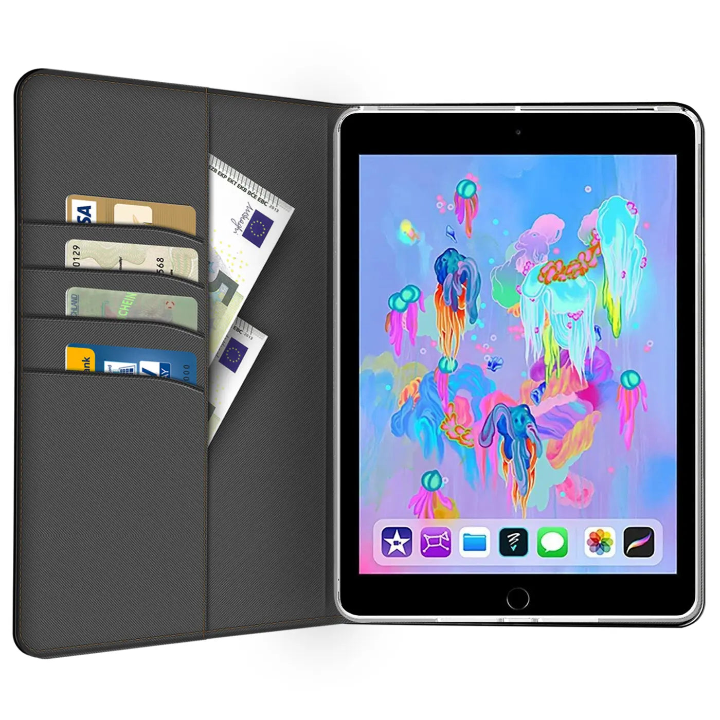 Graue Textil-Klapphülle mit Kartenfächern, geöffnet, zeigt ein iPad (5./6. Gen.) mit bunter Hintergrundgrafik.