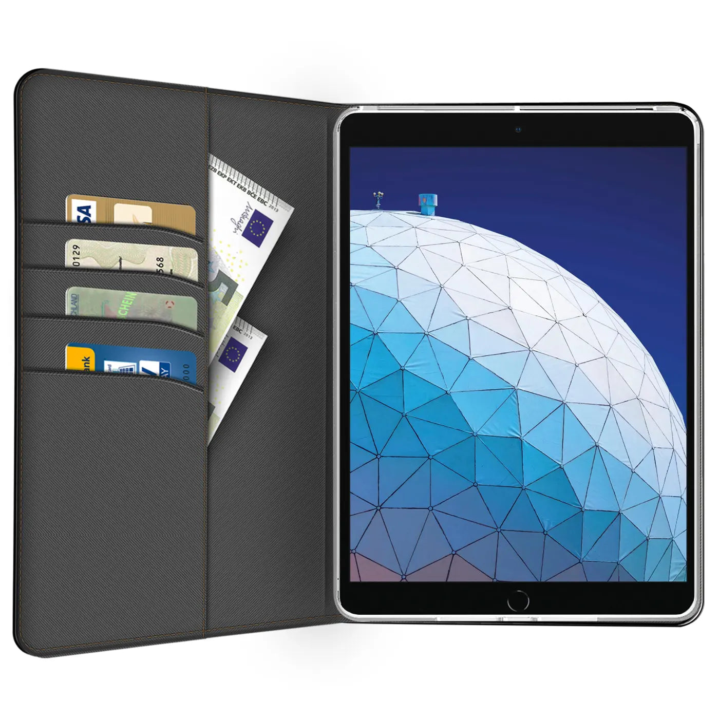 Graue Textil-Klapphülle mit Kartenfächern und Geldscheinfach, zeigt iPad Air (3. Gen.) von vorne.