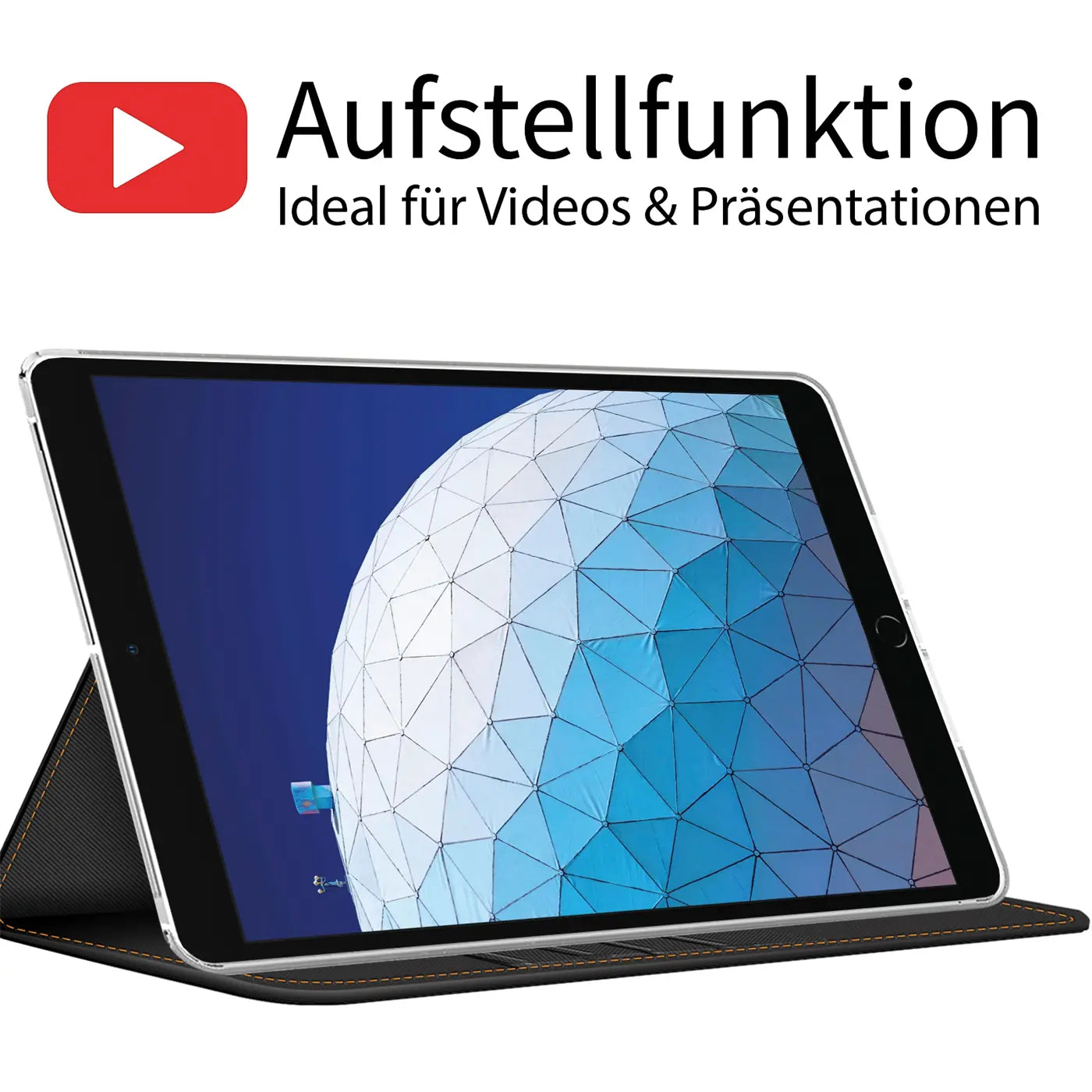 Schwarze Textil-Klapphülle mit aufgestelltem iPad Air (3. Gen.) im Querformat, von vorne.