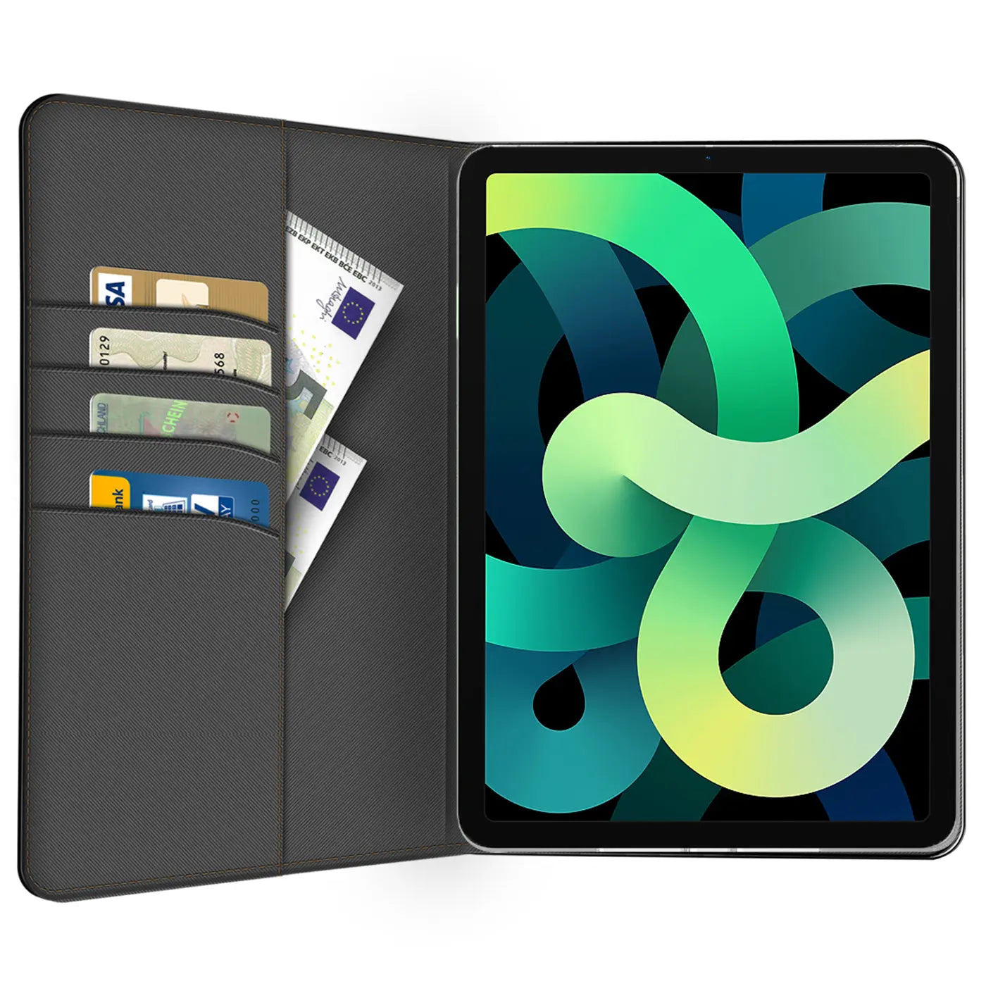 Graue Textil-Klapphülle mit Kartenfächern und Geldscheinfach, zeigt iPad Air (4. Gen.) von vorne.