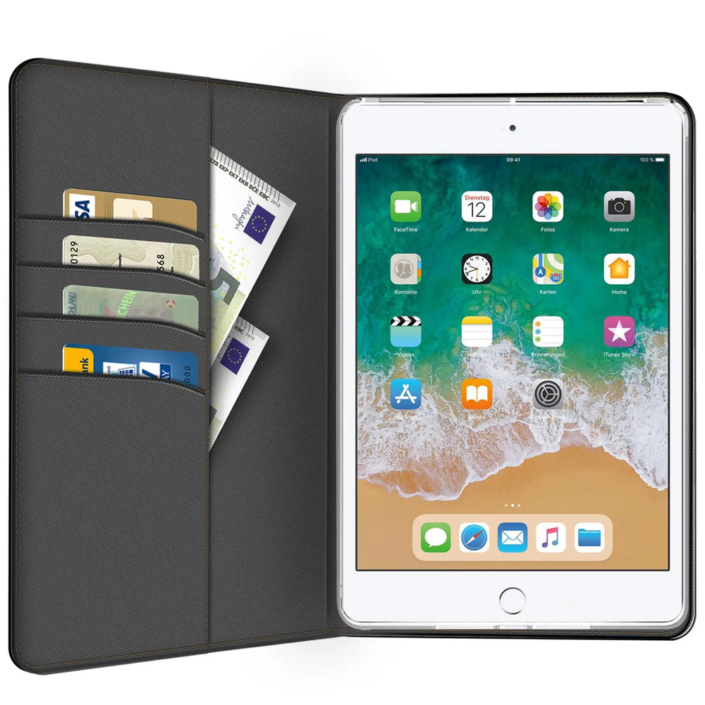 Graue Textil-Klapphülle mit Kartenfächern und Geldscheinfach, zeigt iPad Air (1. Gen.) von vorne.