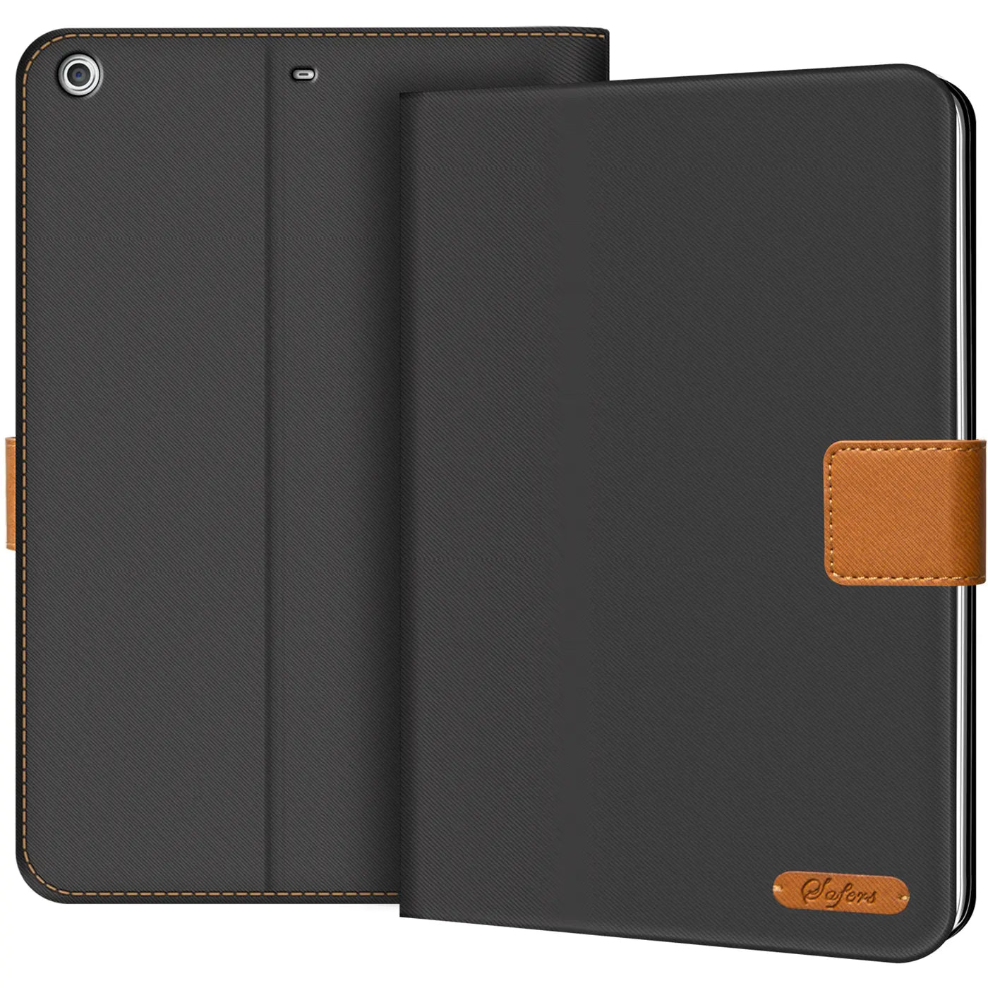 Schwarze Textil-Klapphülle mit braunem Lederriemen für iPad mini (5. Gen.)