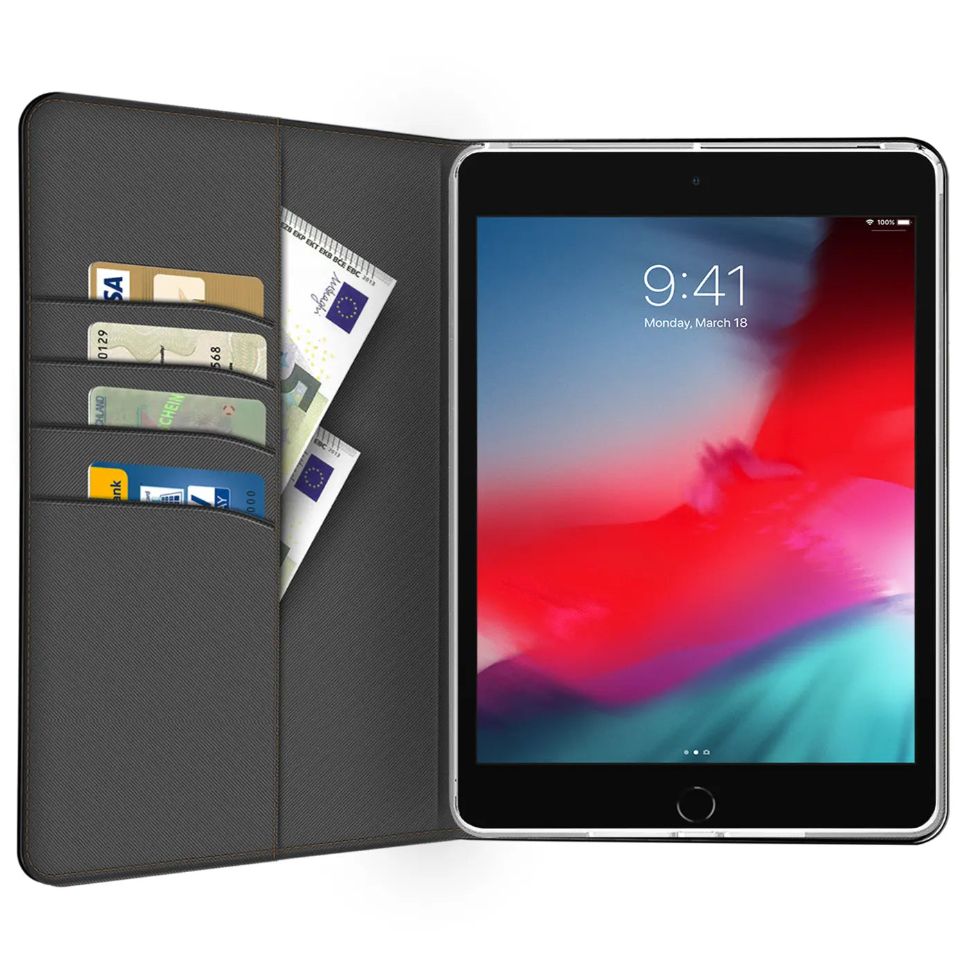 Graue Textil-Klapphülle mit Kartenfächern, zeigt iPad mini (5. Gen.) von vorne.