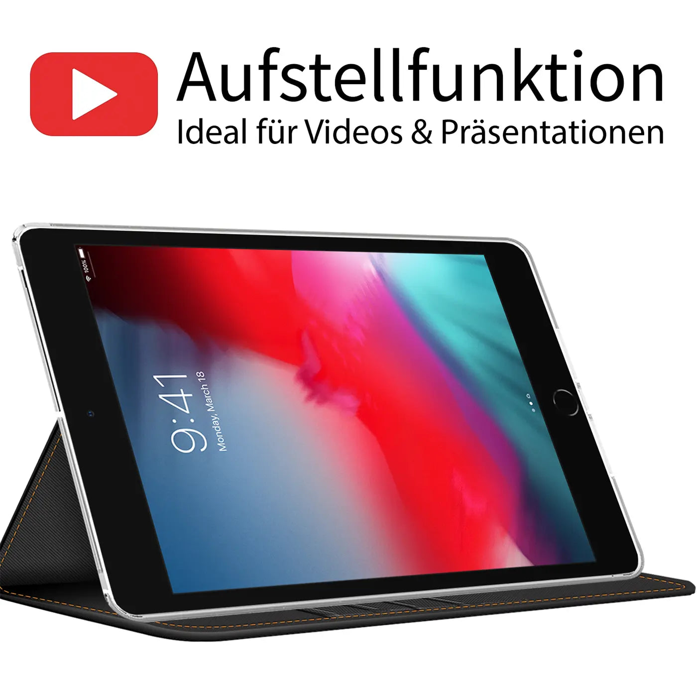Schwarze Textil-Klapphülle mit aufgestelltem iPad mini (5. Gen.) von vorne links.