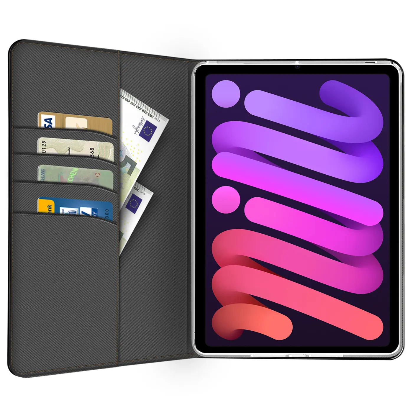 Graue Textil-Klapphülle mit Kartenfächern, zeigt iPad mini (6. Gen.) von vorne.