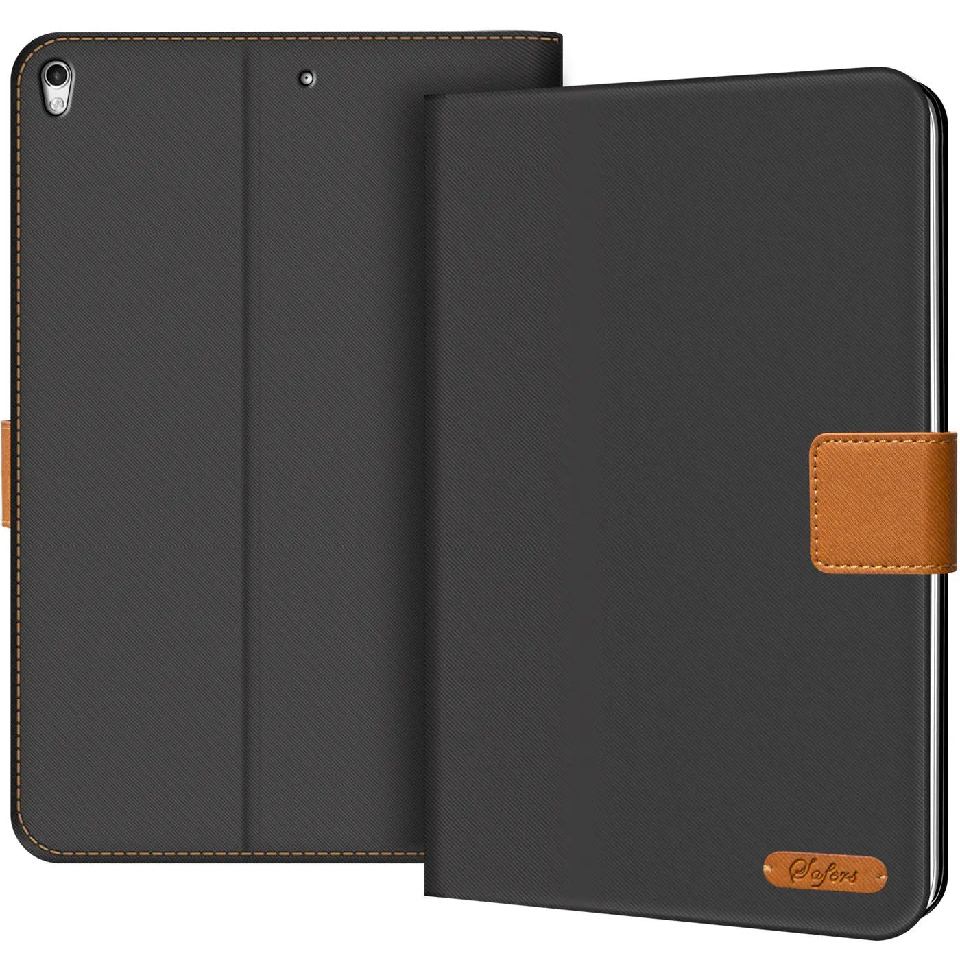 Schwarze Textil-Klapphülle für 10,5" iPad Pro, offen und geschlossen, mit braunem Verschluss und Label.