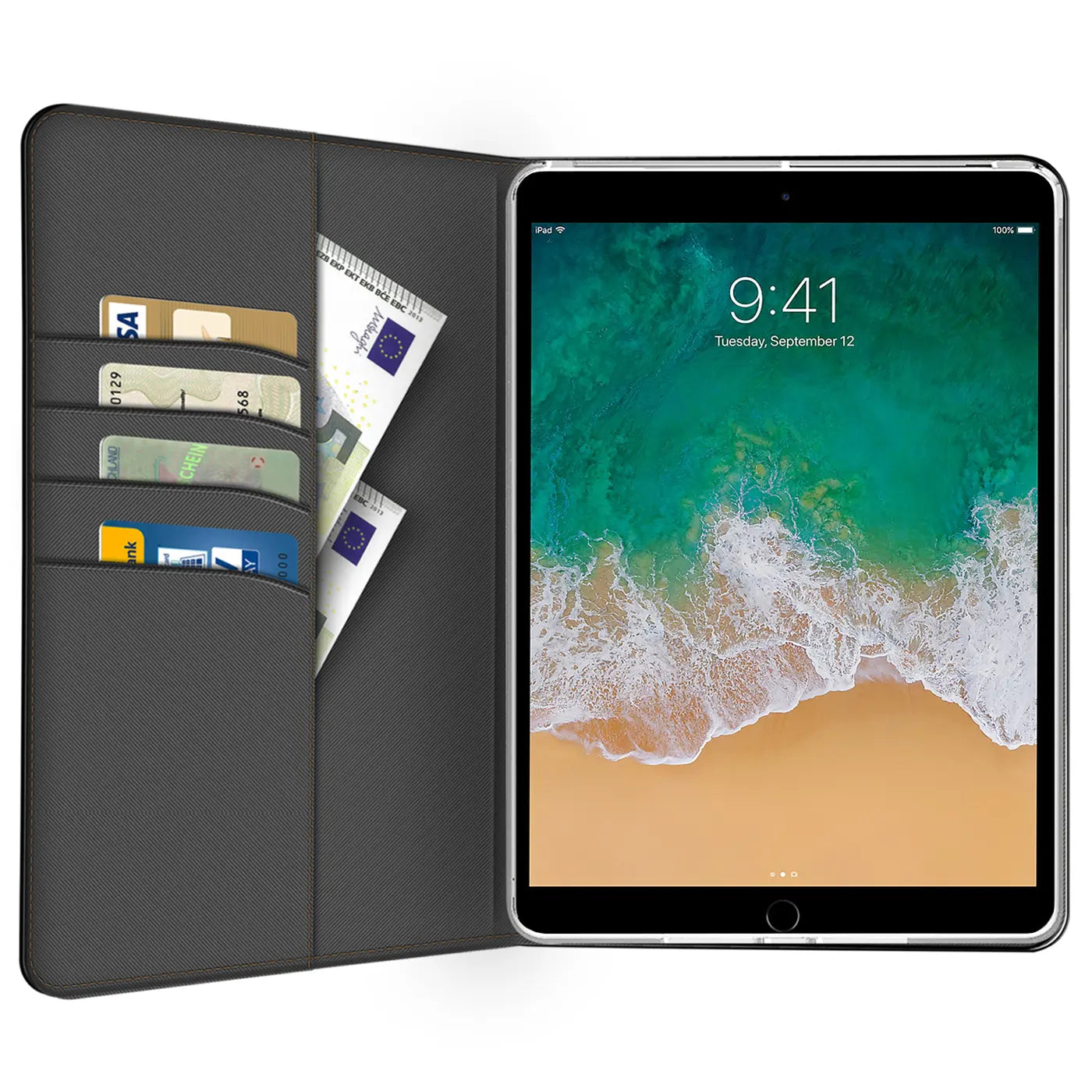 Graue Textil-Klapphülle für 10,5" iPad Pro, geöffnet mit Kreditkarten und Geldscheinen in Fächern, von oben.