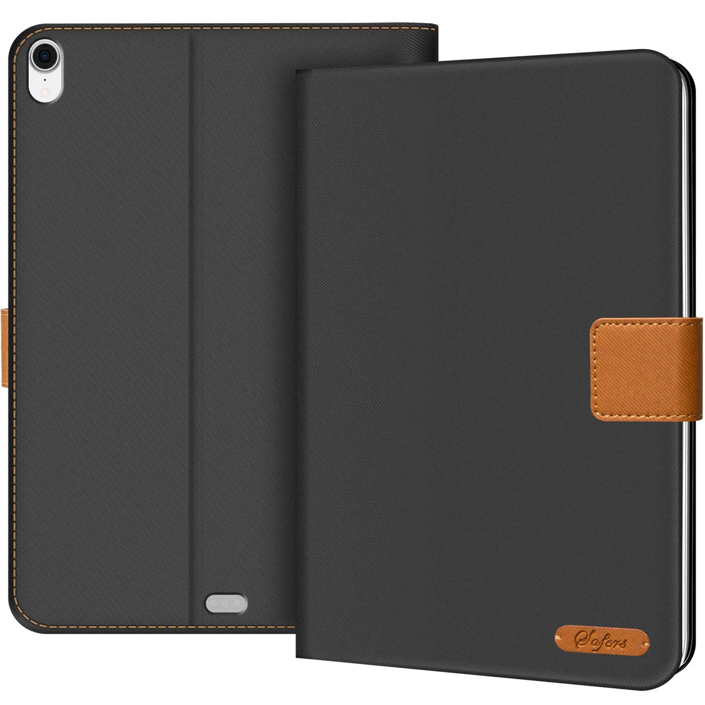 Schwarze Textil-Klapphülle für 11" iPad Pro, offen und geschlossen, mit braunem Lederverschluss und -logo.