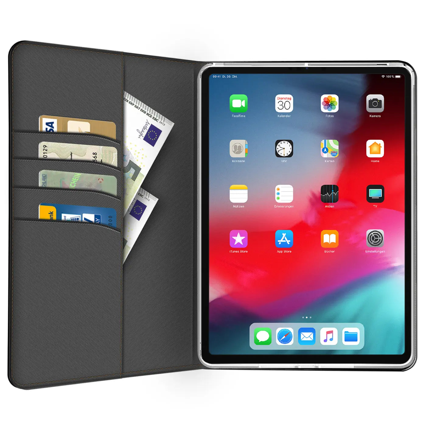 Offene, dunkelgraue Textil-Klapphülle mit 11" iPad Pro (1. Gen.), Kreditkarten und Geldscheinen, schräg von oben.