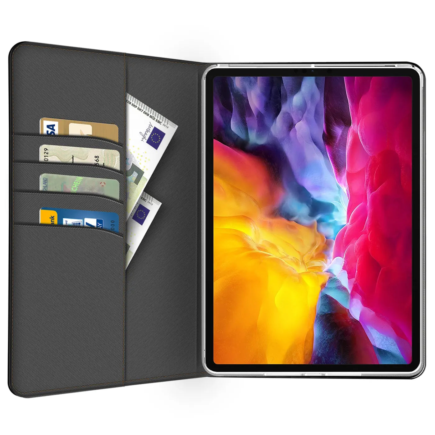 Offene, dunkelgraue Textil-Klapphülle mit 11" iPad Pro (2. Gen.) von oben. Links sind 4 Kartenfächer und 2 Geldscheine.