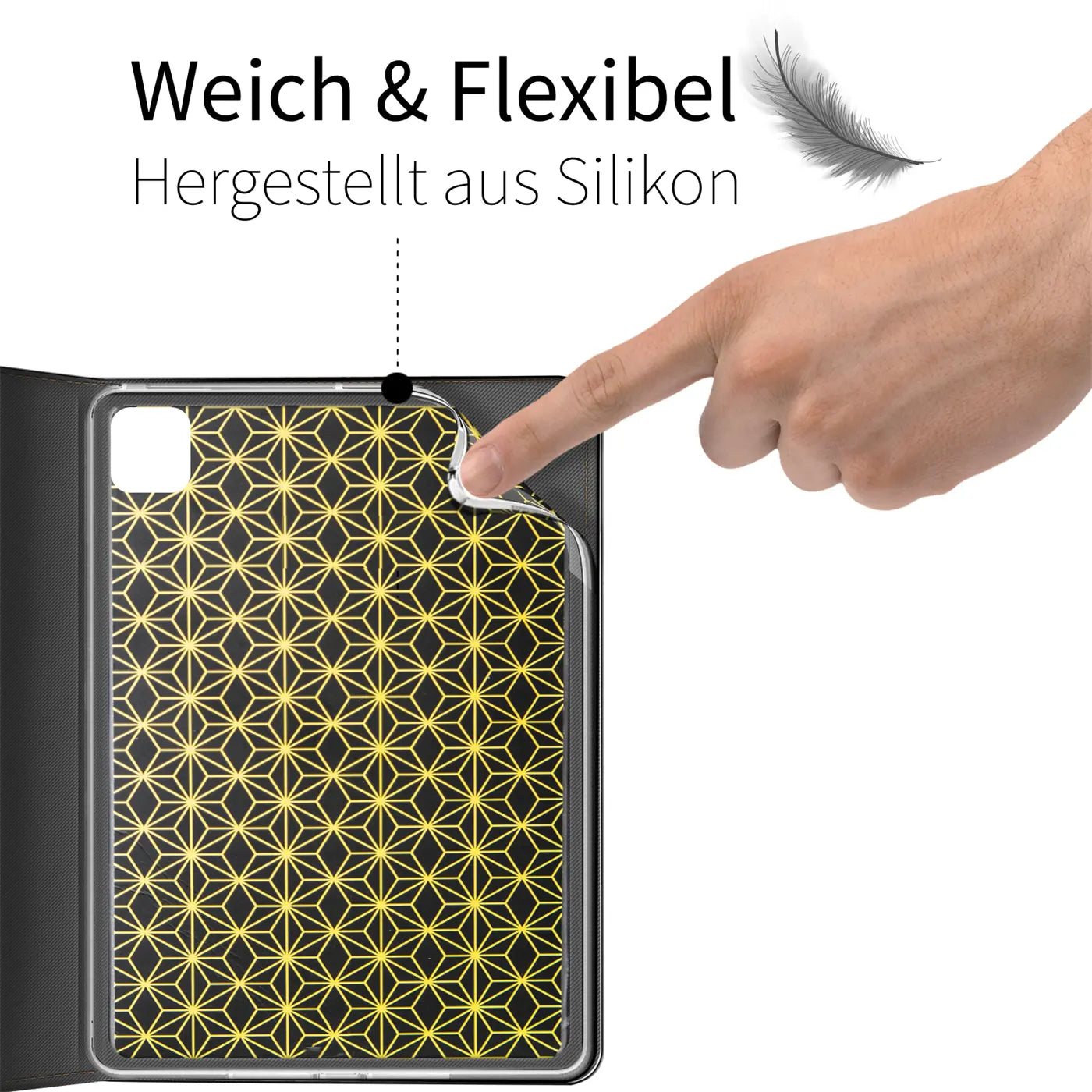 Nahaufnahme: Eine Hand biegt die transparente Silikonhülle eines 11" iPad Pro (2. Gen.) mit gelbem Muster.