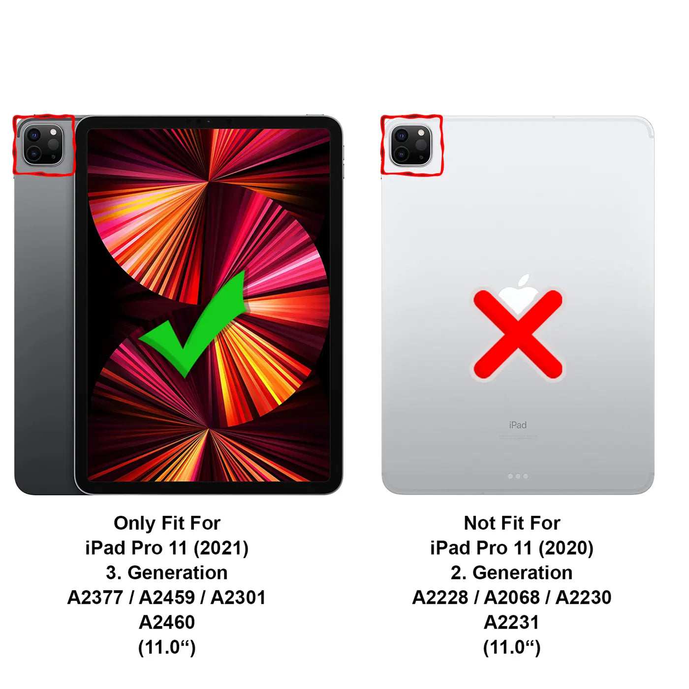 Zwei iPads (links Space Grau, rechts Silber) von vorne und hinten, mit Haken und Kreuz zur Kompatibilitätsanzeige.