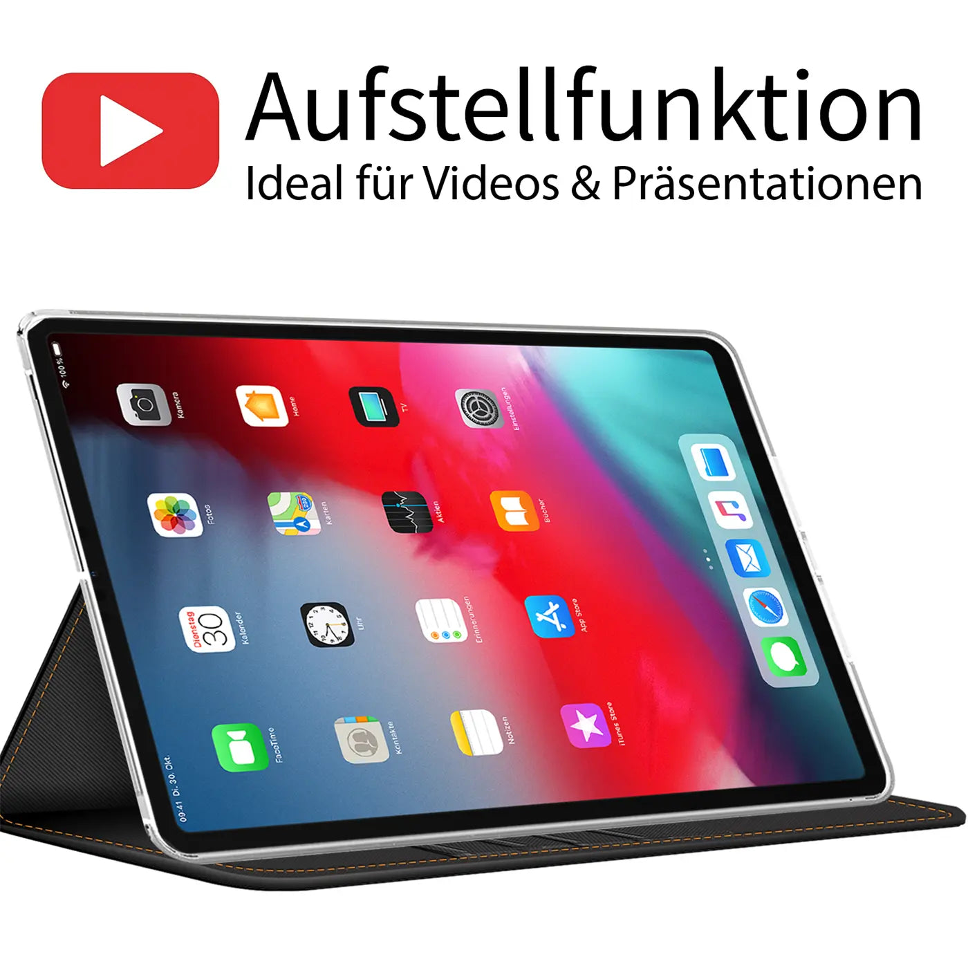 Schwarze Textil-Klapphülle mit Aufstellfunktion für ein 12,9" iPad Pro, schräg von vorne gezeigt.
