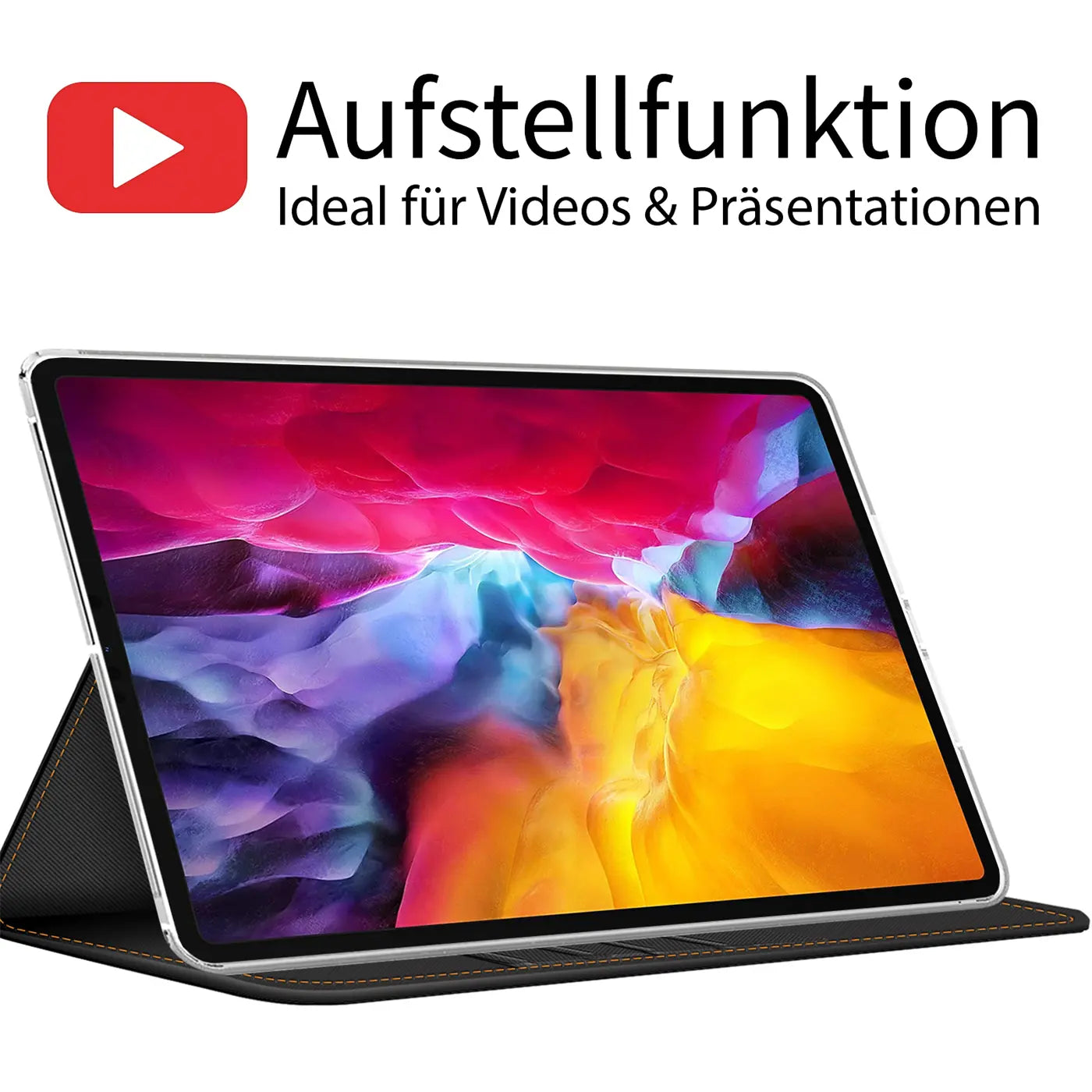 12,9" iPad Pro in schwarzer Textil-Klapphülle mit Aufstellfunktion, schräg von vorne gezeigt.