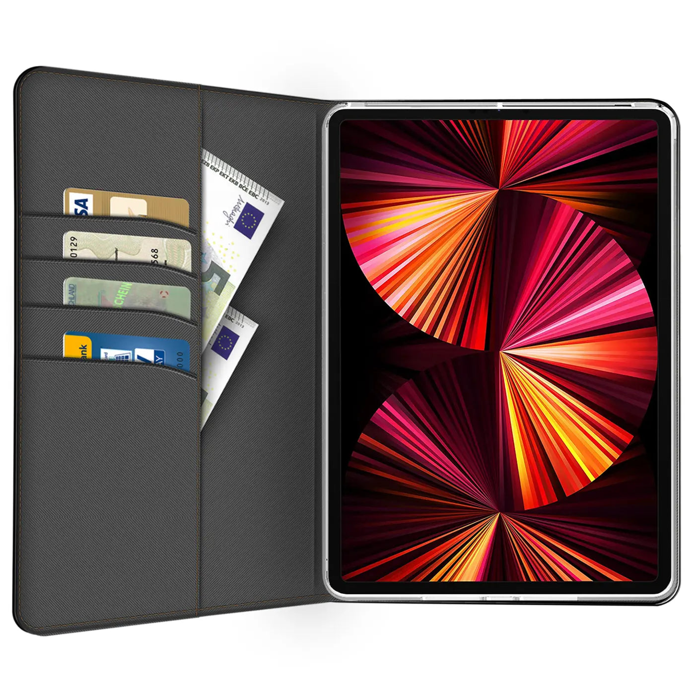 Graue Textil-Klapphülle für 12,9" iPad Pro (3.-5. Gen.) mit Kreditkarten- und Geldscheinfächern, schräg von oben.