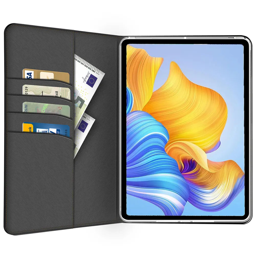Dunkelgraue Textil-Klapphülle für Google Pixel Tablet 11.0, geöffnet, mit 4 Kreditkarten und 2 Geldscheinen.