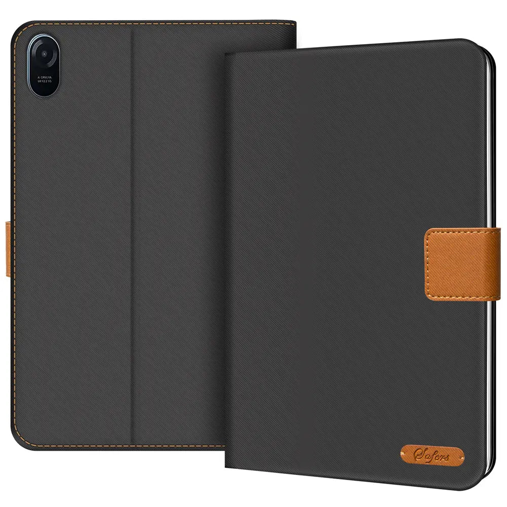 Schwarze Textil-Klapphülle für Honor Pad 8, von vorne mit braunen Akzenten.