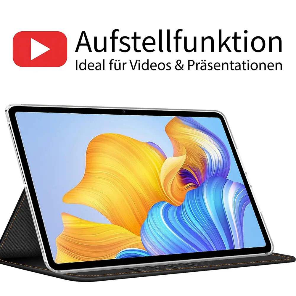 Schwarze Textil-Klapphülle mit aufgestelltem Honor Pad 8 Tablet, Vorderansicht.