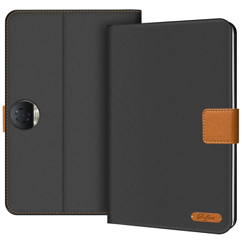 Schwarze Textil-Klapphülle für Honor Pad 9, von vorne, mit braunen Akzenten.