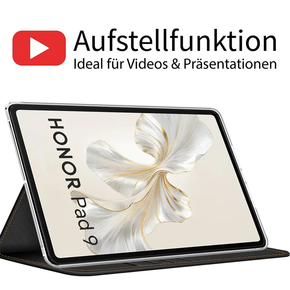 Schwarze Textil-Klapphülle mit Aufstellfunktion für Honor Pad 9, von vorne schräg