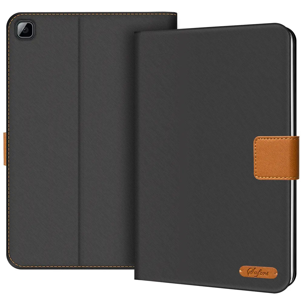 Schwarze Textil-Klapphülle mit braunen Lederdetails für Honor Pad X8, von vorne, offen.