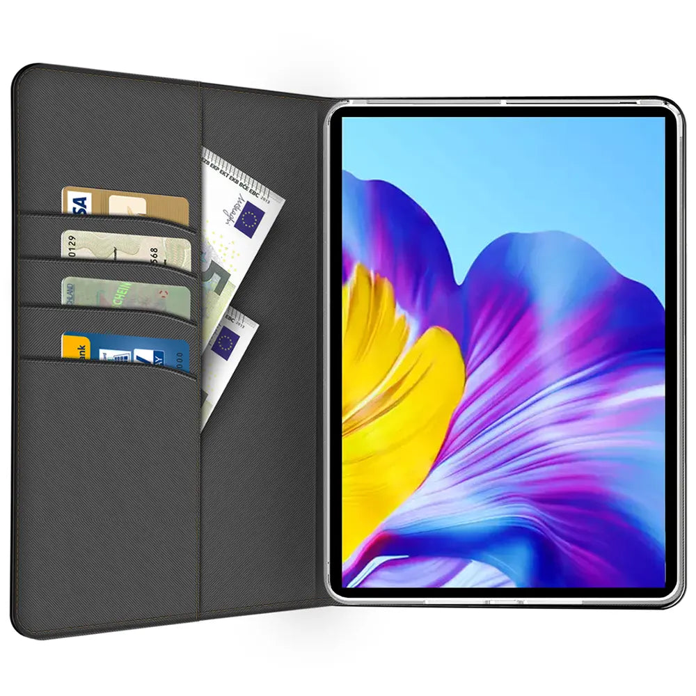 Graue Textil-Klapphülle mit Kartenfächern, zeigt Honor Pad X8.