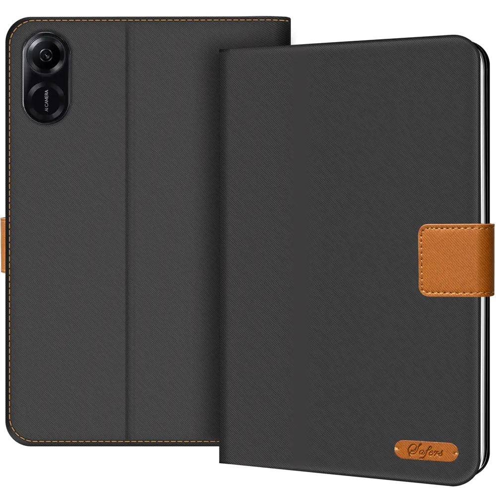 Schwarze Textil-Klapphülle mit braunen Akzenten, Honor Pad X9, von vorne