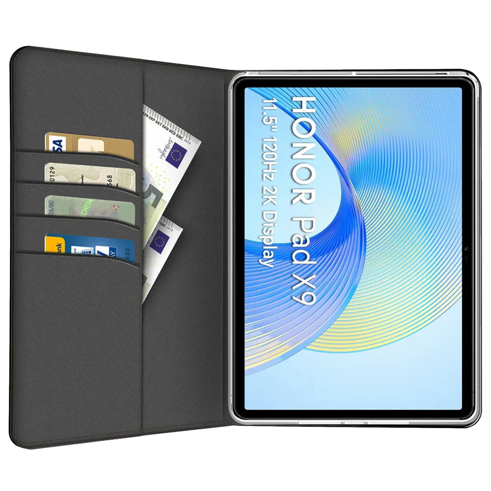 Graue Textil-Klapphülle mit Kartenfächern und Geldscheinfach, zeigt Honor Pad X9.