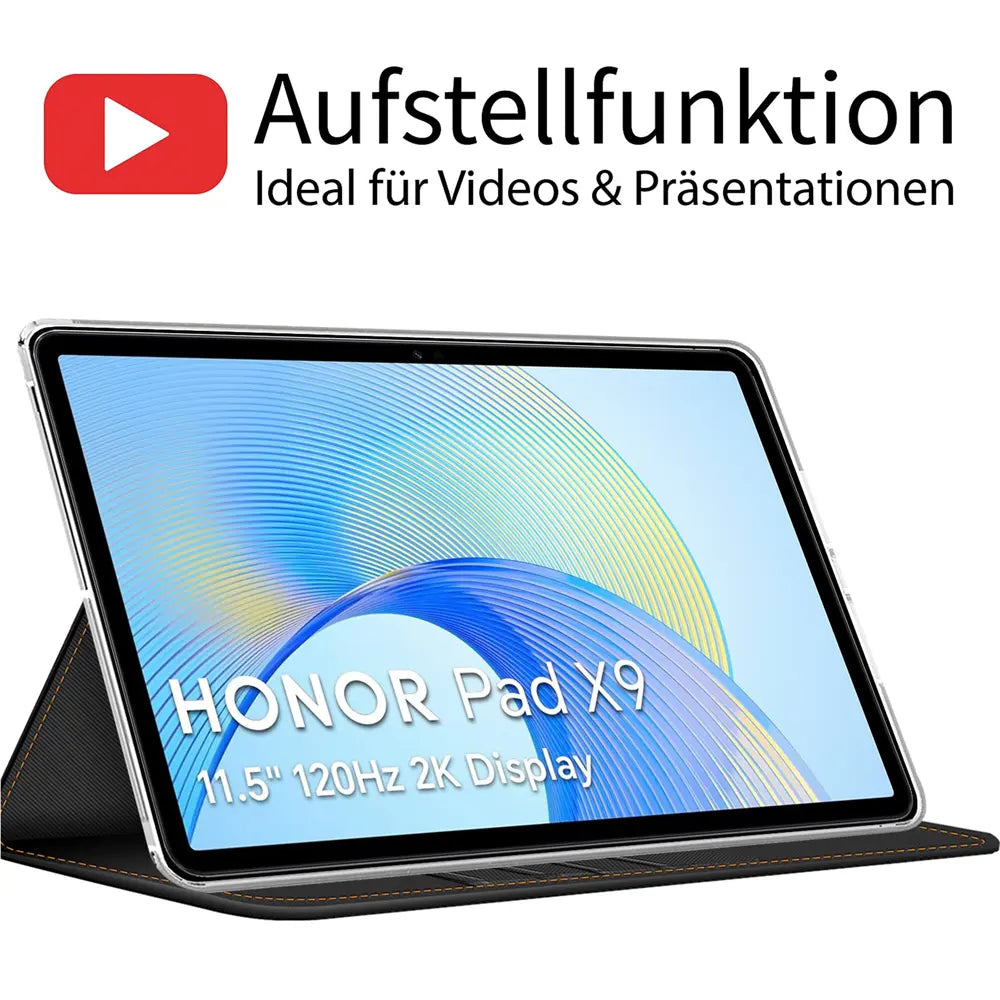 Schwarze Textil-Klapphülle mit Honor Pad X9, aus der Vogelperspektive.