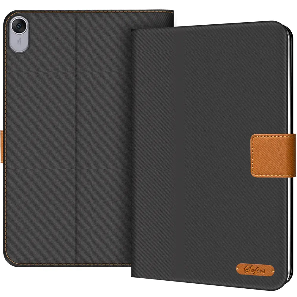 Dunkelgraue Textil-Klapphülle mit braunen Lederakzenten, von vorne, für Huawei MatePad 11.5