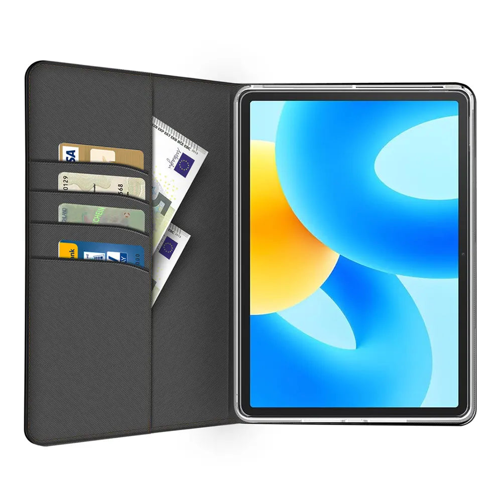 Graue Textil-Klapphülle mit Kartenfächern für Huawei MatePad 11.5, von oben gezeigt.