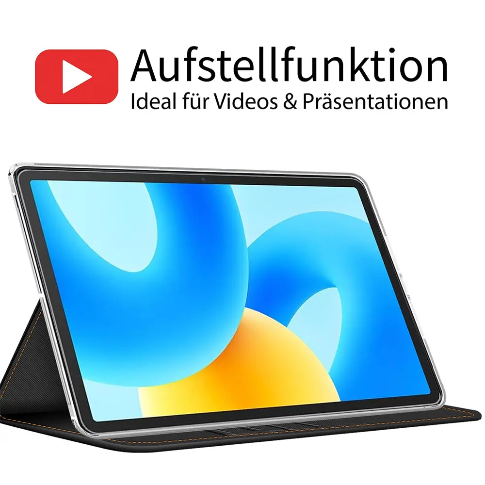 Schwarze Textil-Klapphülle mit aufgestelltem Huawei MatePad 11.5, Seitenansicht.