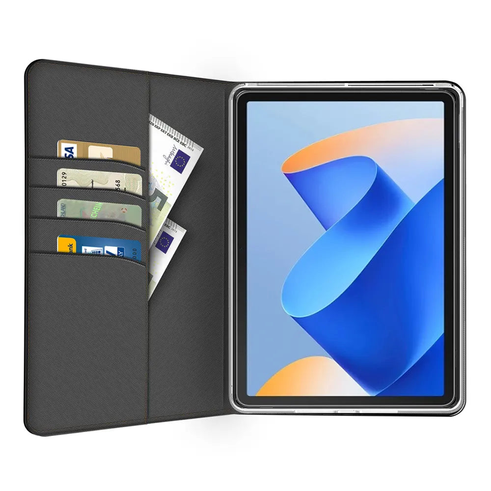 Graue Textil-Klapphülle mit Kartenfächern, zeigt Huawei MatePad 11 2023.