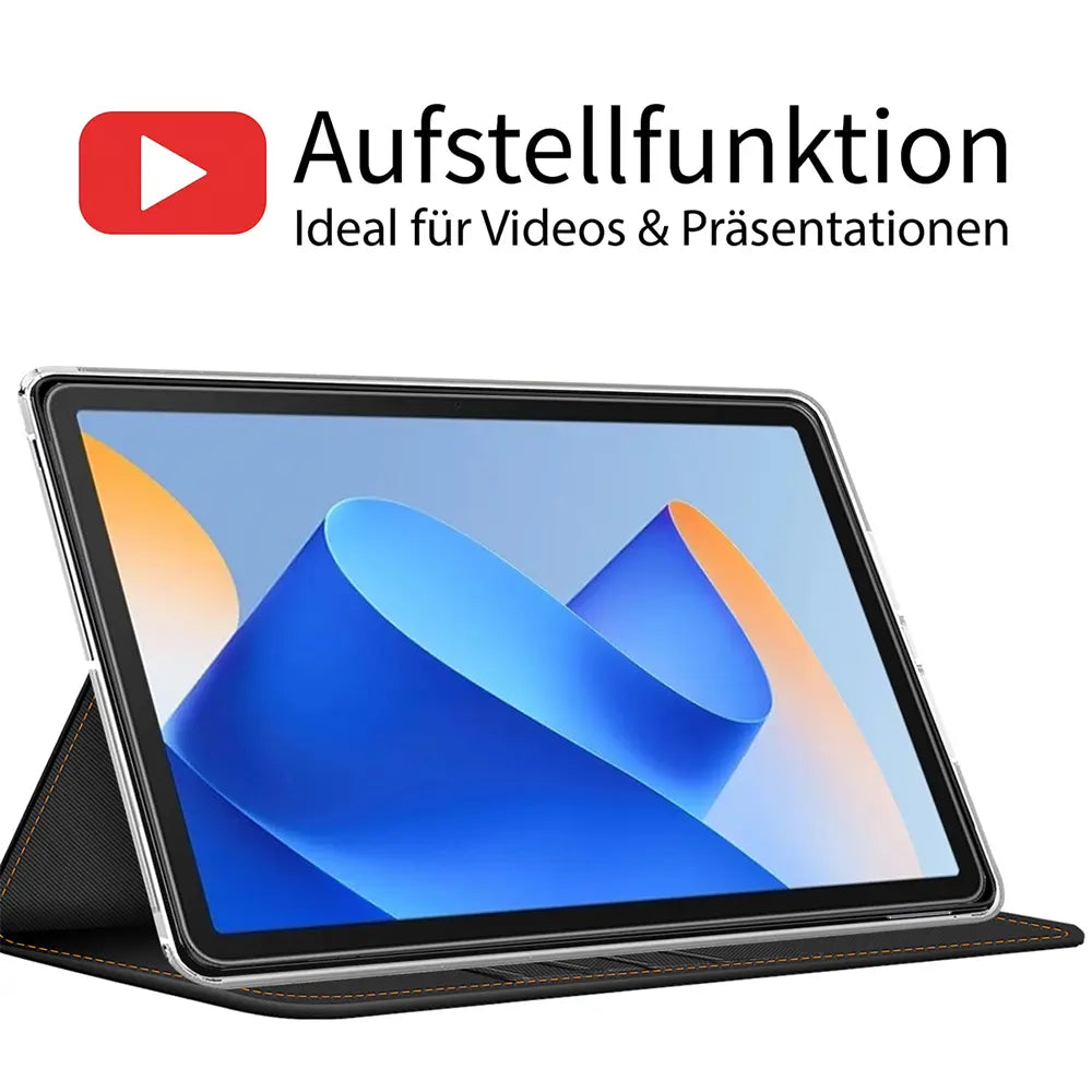 Huawei MatePad 11 2023 in schwarzer Textilhülle, von vorne schräg, mit Aufstellfunktion.