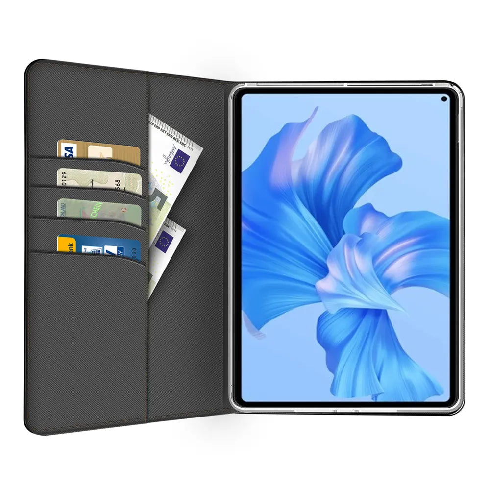 Graue Textil-Klapphülle mit Kartenfächern, zeigt Huawei MatePad Pro 11.