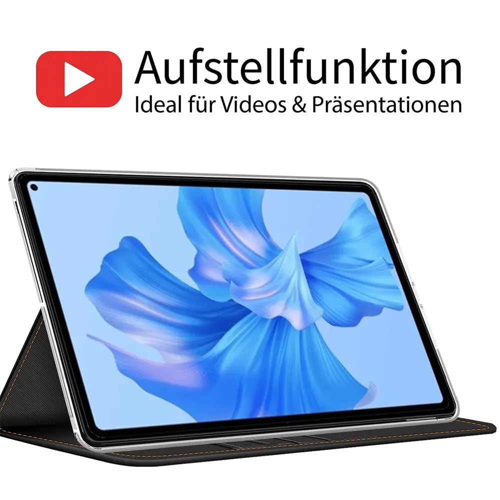 Schwarze Textil-Klapphülle mit aufgestelltem Huawei MatePad Pro 11, Seitenansicht.