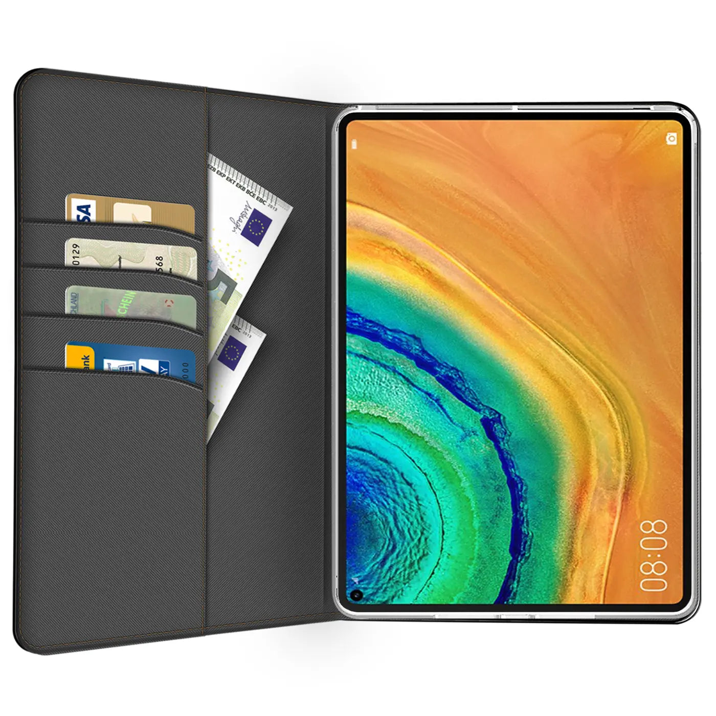Graue Textil-Klapphülle mit Kartenfächern und Geldscheinfach, zeigt Huawei MatePad Pro 10.8.