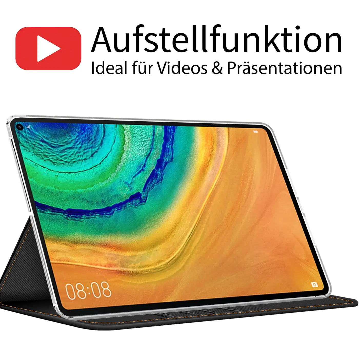 Schwarze Textil-Klapphülle mit aufgestelltem Huawei MatePad Pro 10.8, Seitenansicht.