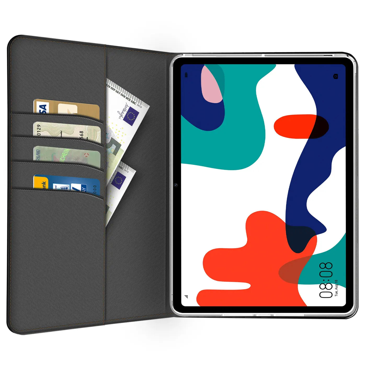 Dunkelgraue Textil-Klapphülle mit Kartenfächern, zeigt Huawei MatePad 10.4.