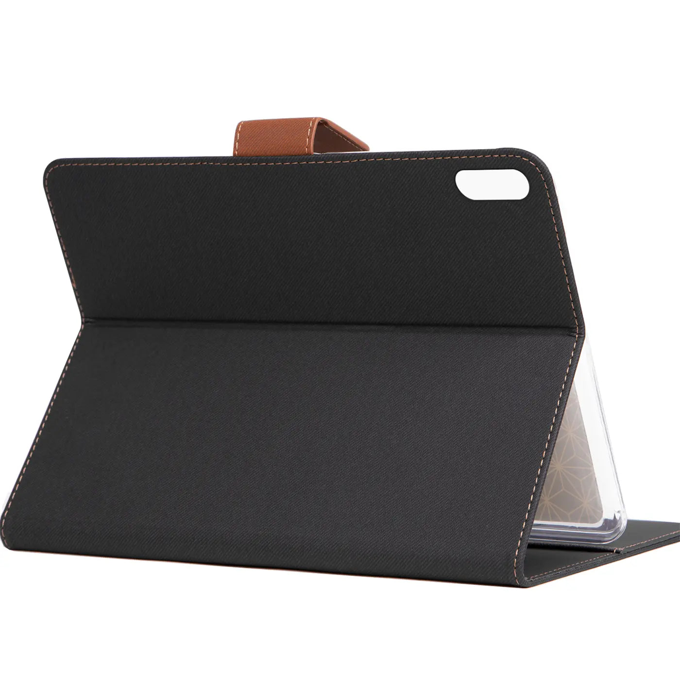Schwarze Textil-Klapphülle mit braunem Lederriemen, von schräg vorne, für Huawei MatePad 10.4.
