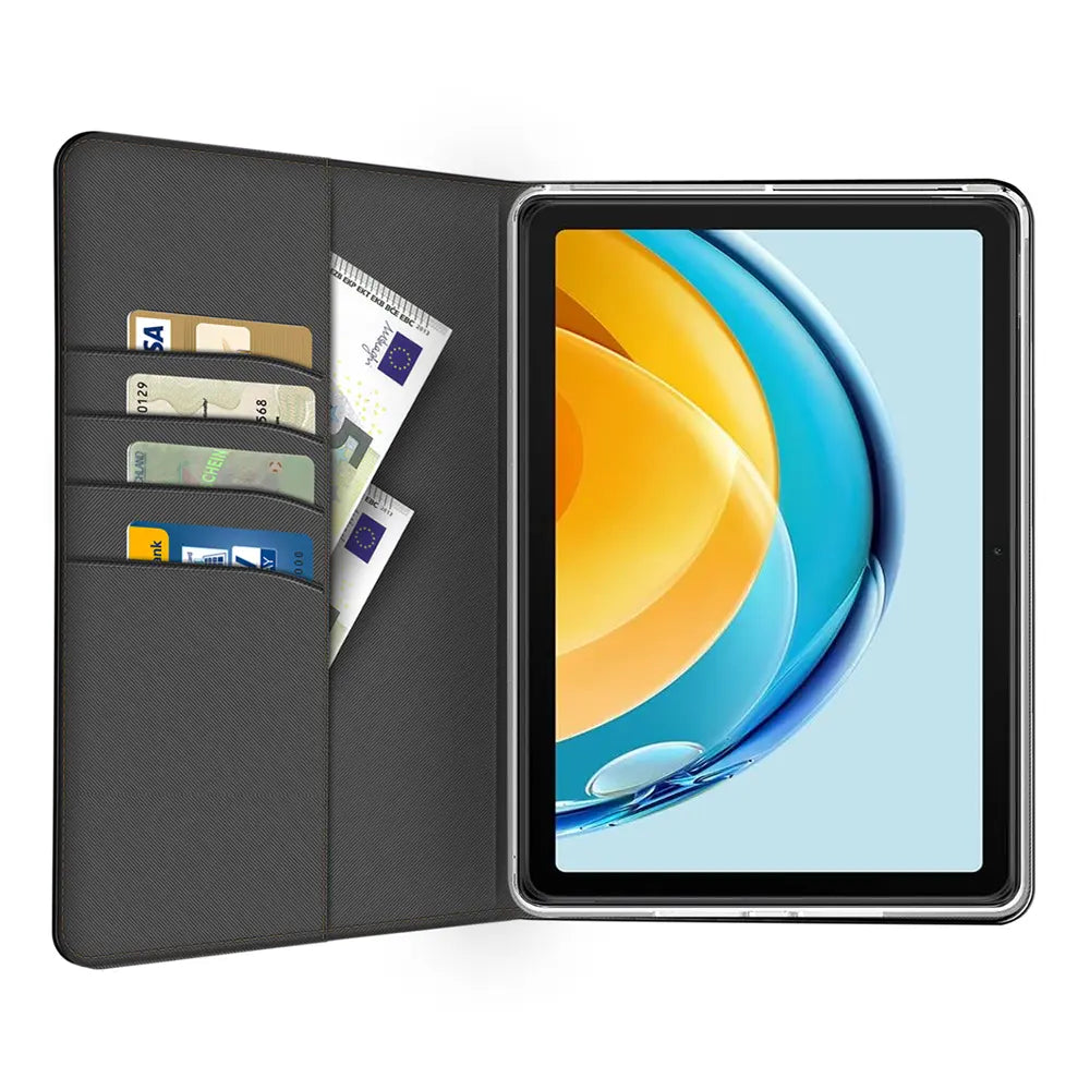 Graue Textil-Klapphülle mit Kartenfächern und Huawei MatePad SE, von vorne.
