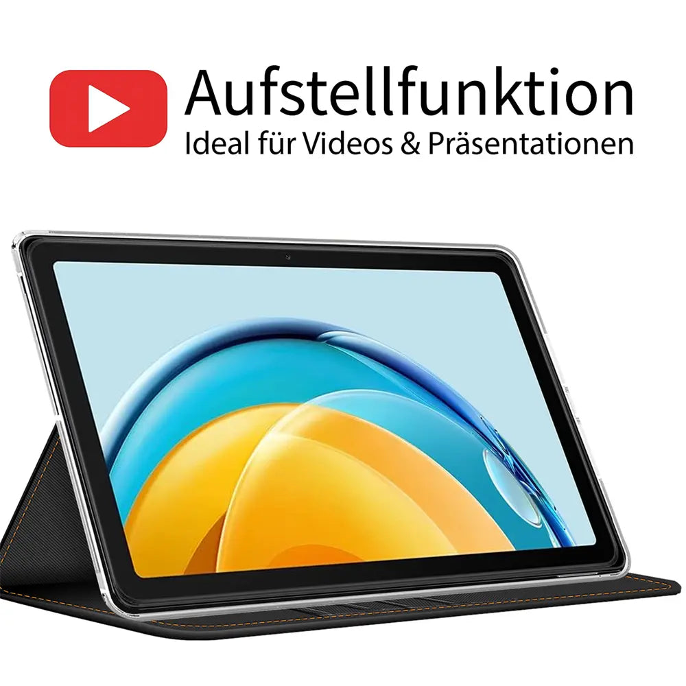 Schwarze Textil-Klapphülle mit aufgestelltem Huawei MatePad SE Tablet, von vorne schräg.