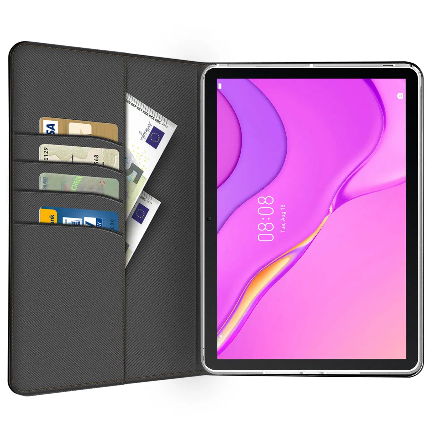 Schwarze Textil-Klapphülle mit Kartenfächern und Geldscheinfach, zeigt Huawei MatePad T 10/T 10s.