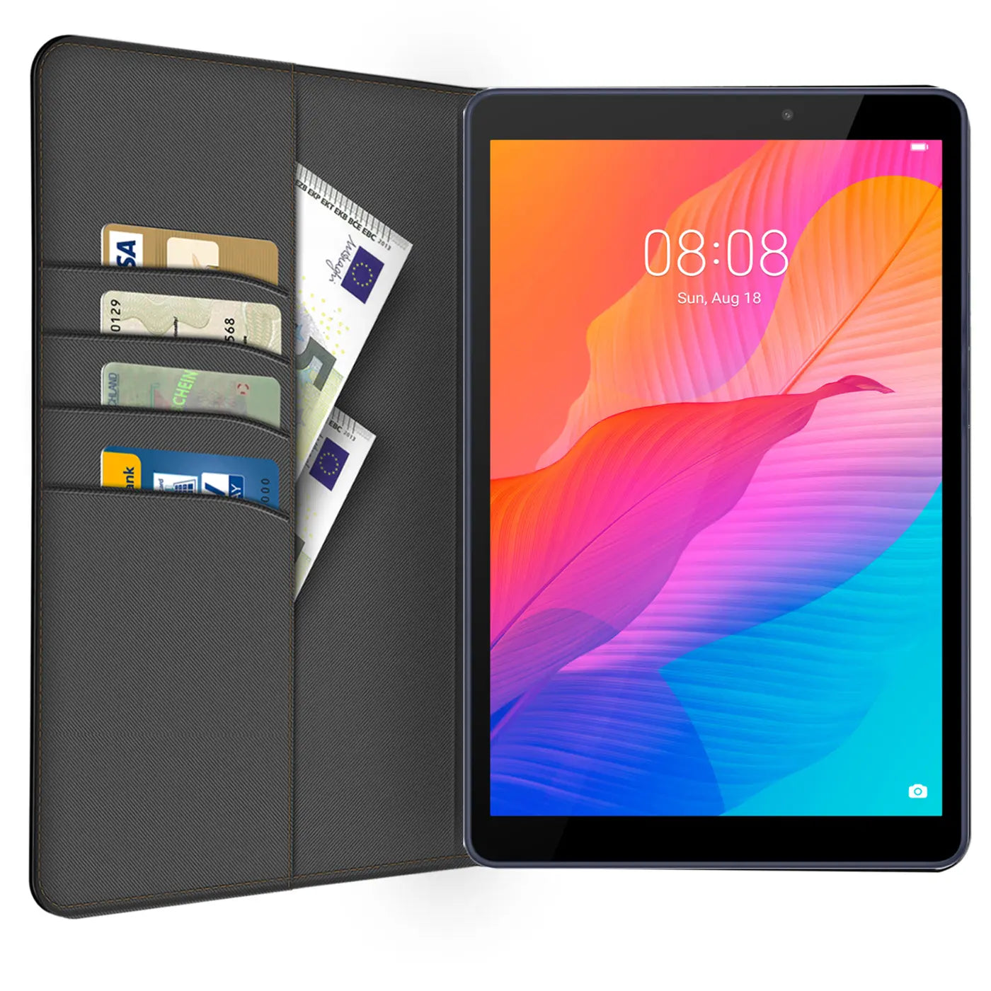 Dunkelgraue Textil-Klapphülle mit Kartenfächern und Geldscheinfach, zeigt Huawei MatePad T8.
