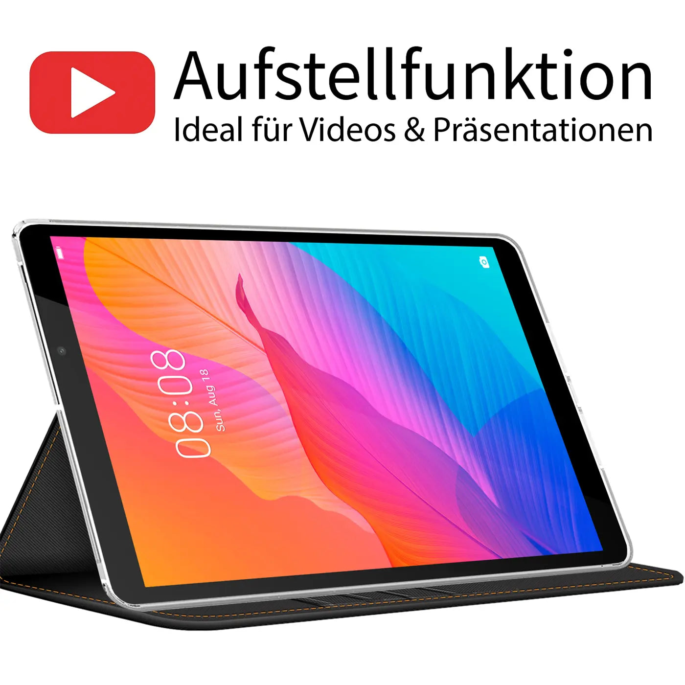Huawei MatePad T8 in schwarzer Textilhülle, von vorne schräg, aufgestellt.