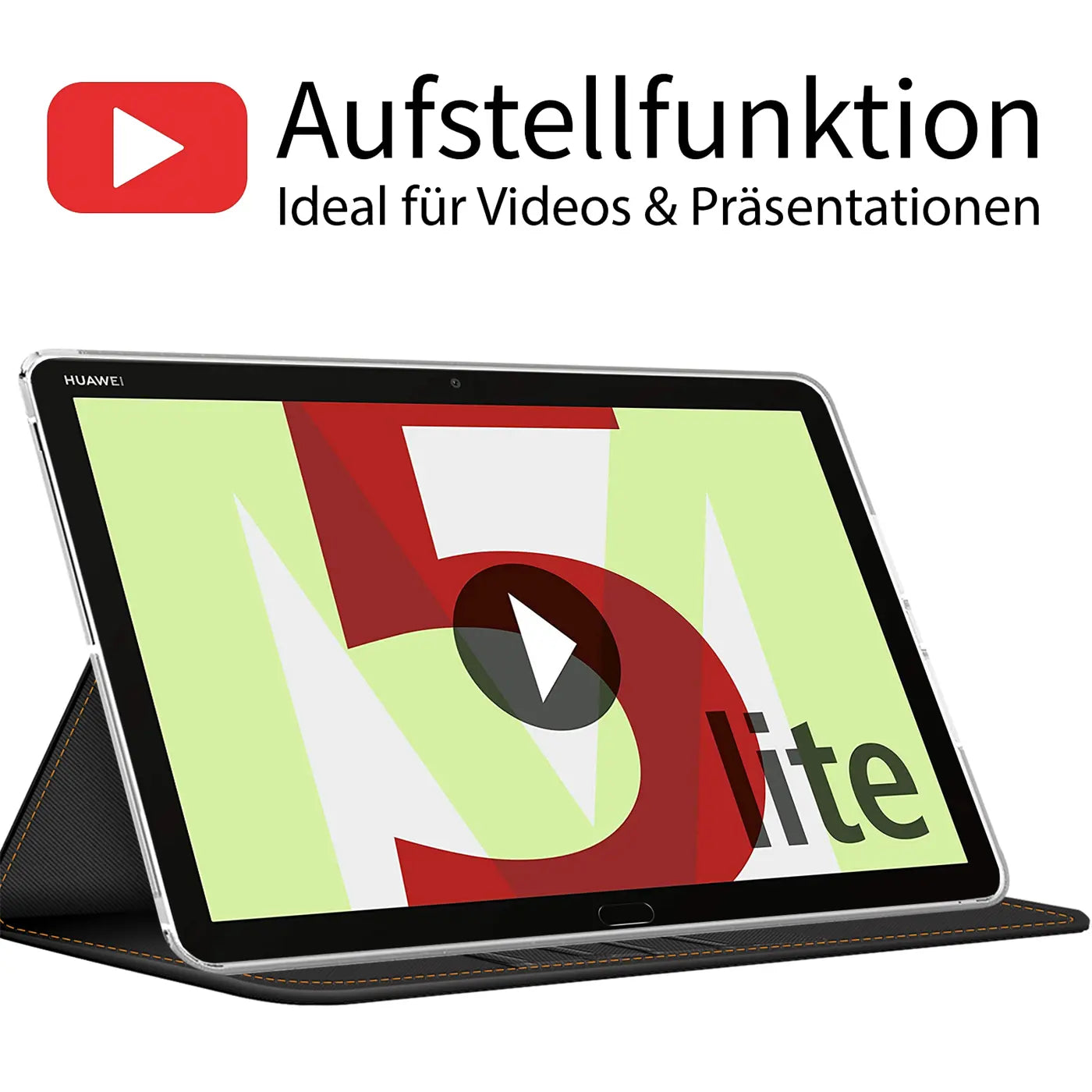 Schwarze Textil-Klapphülle mit Huawei Mediapad M5 Lite, von vorne schräg.