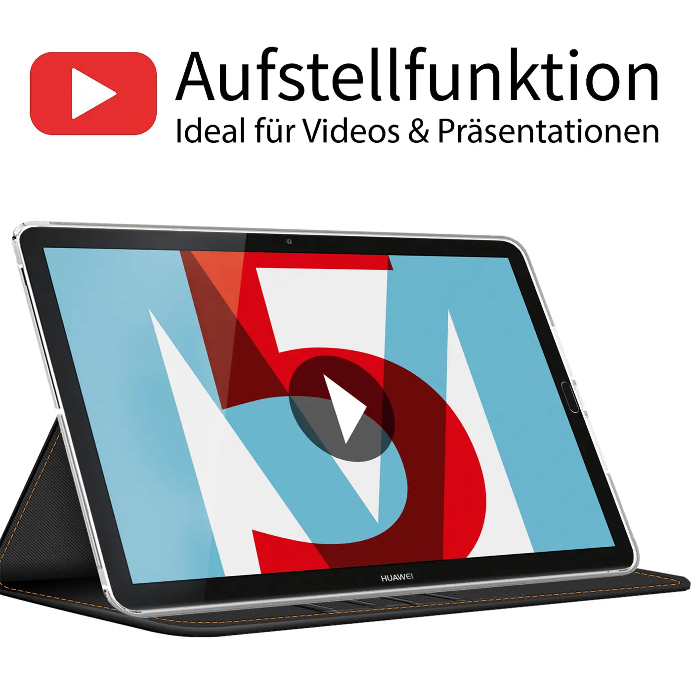 Schwarze Textil-Klapphülle mit aufgestelltem Huawei MediaPad M5 10.8.